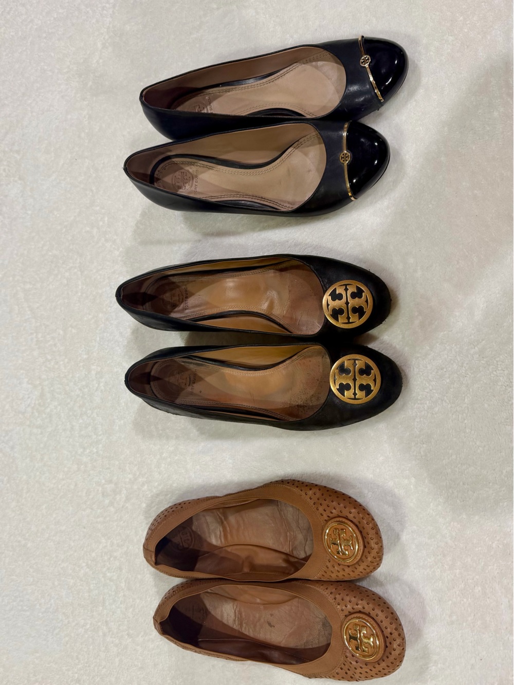Tory Burch Lot - Three Pairs - 2 Black Pumps & 1 Brown flats, Gold Logo Emblems